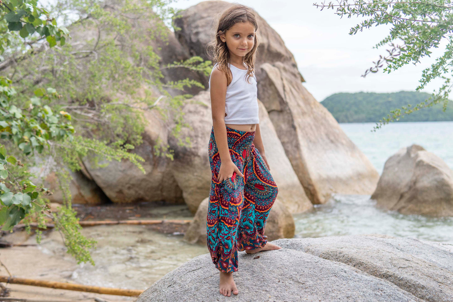 red orange turquoise patterned harem pants for children