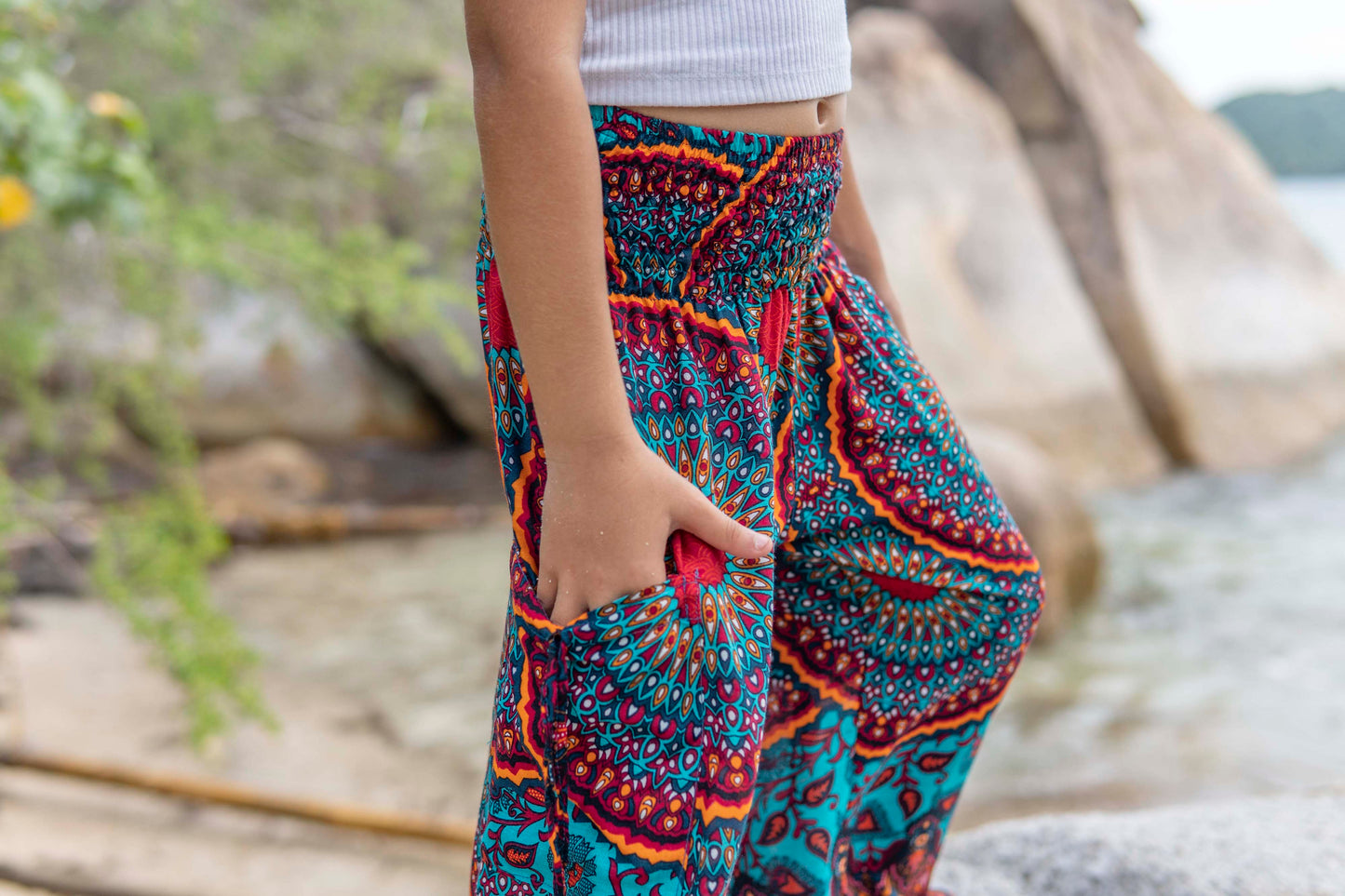 red orange turquoise patterned harem pants for children