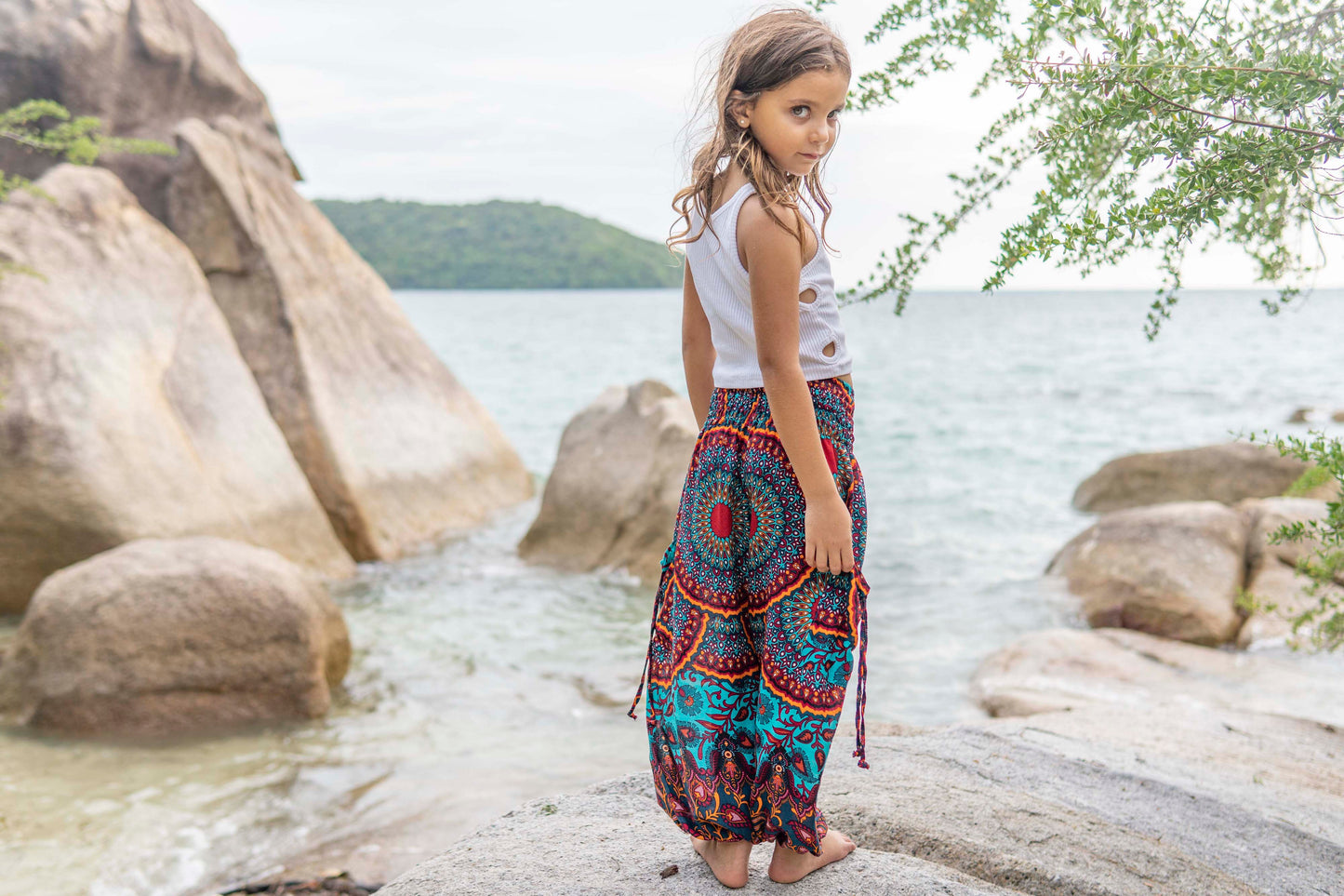 red orange turquoise patterned harem pants for children