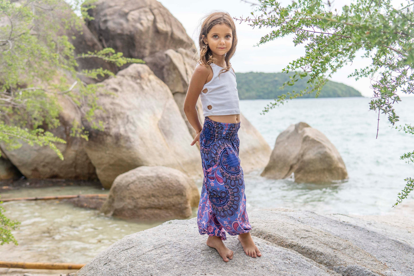 blue pink patterned harem pants for children