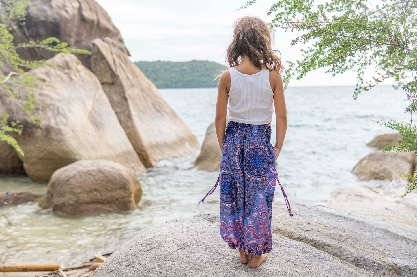 blue pink patterned harem pants for children