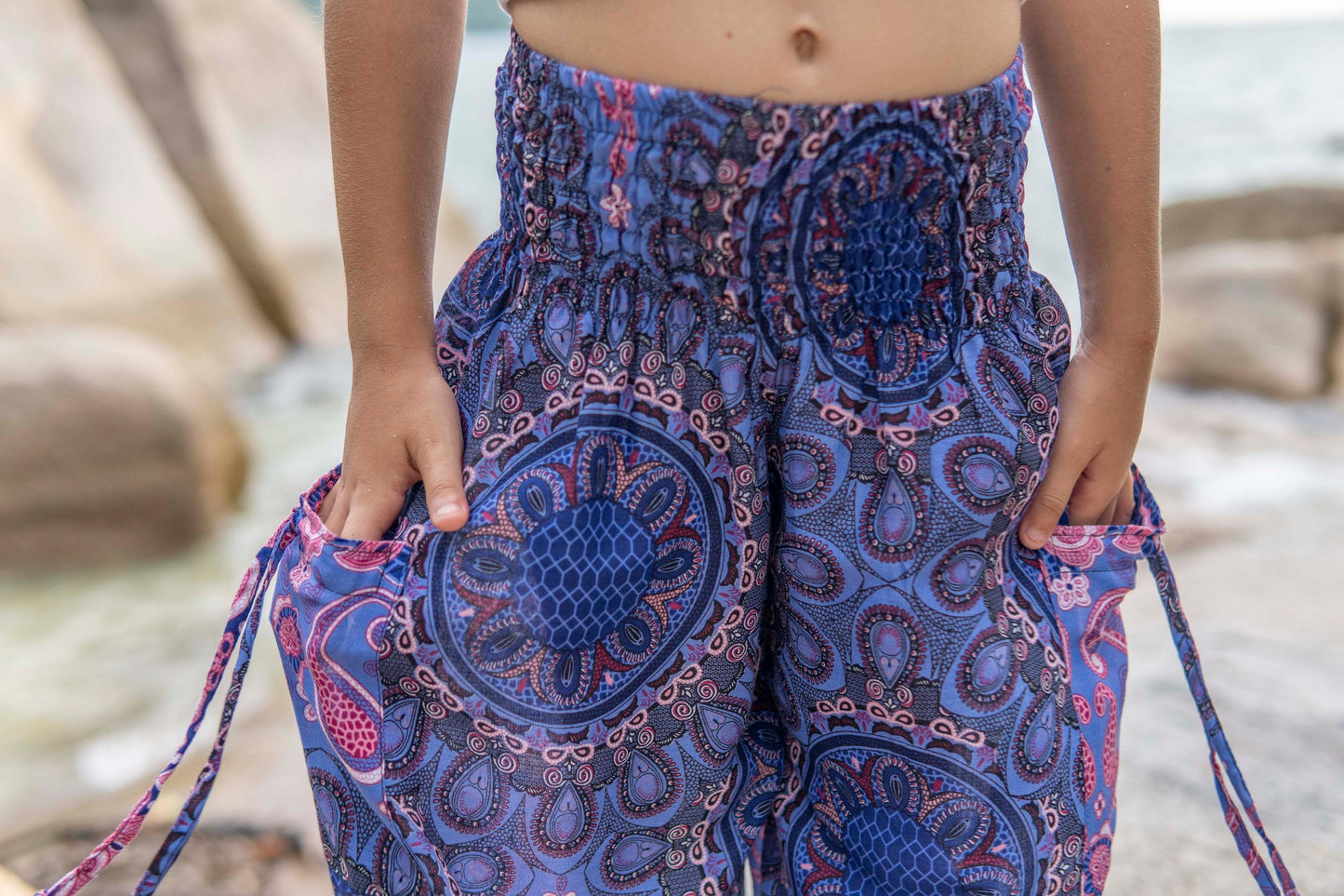 blue pink patterned harem pants for children