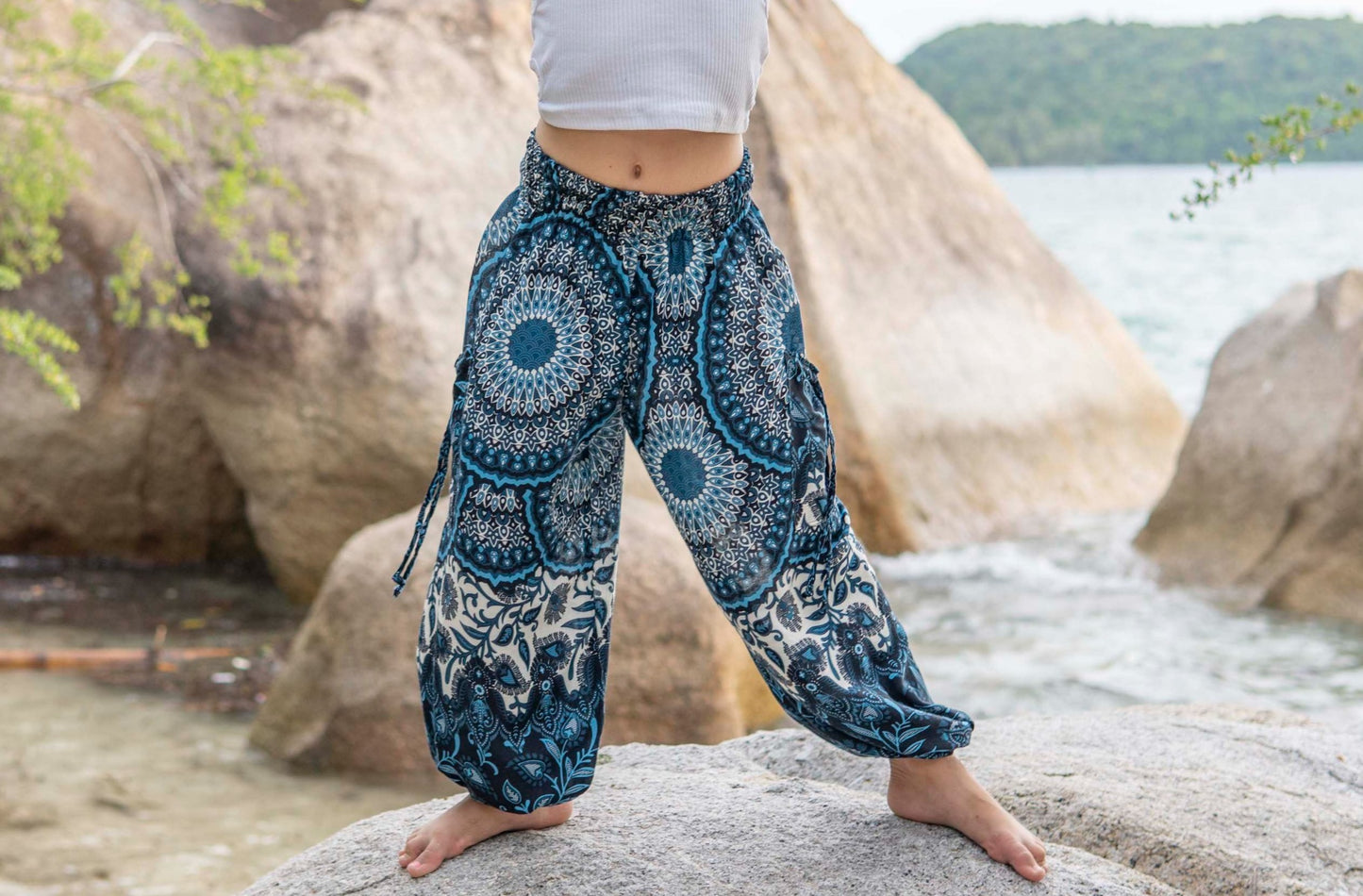 patterned harem pants with mandala pattern in blue and white for children