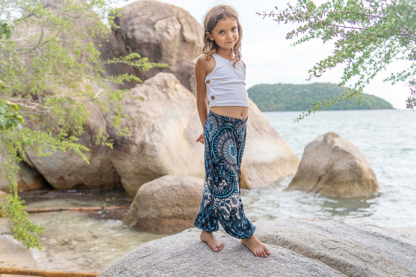 patterned harem pants with mandala pattern in blue and white for children
