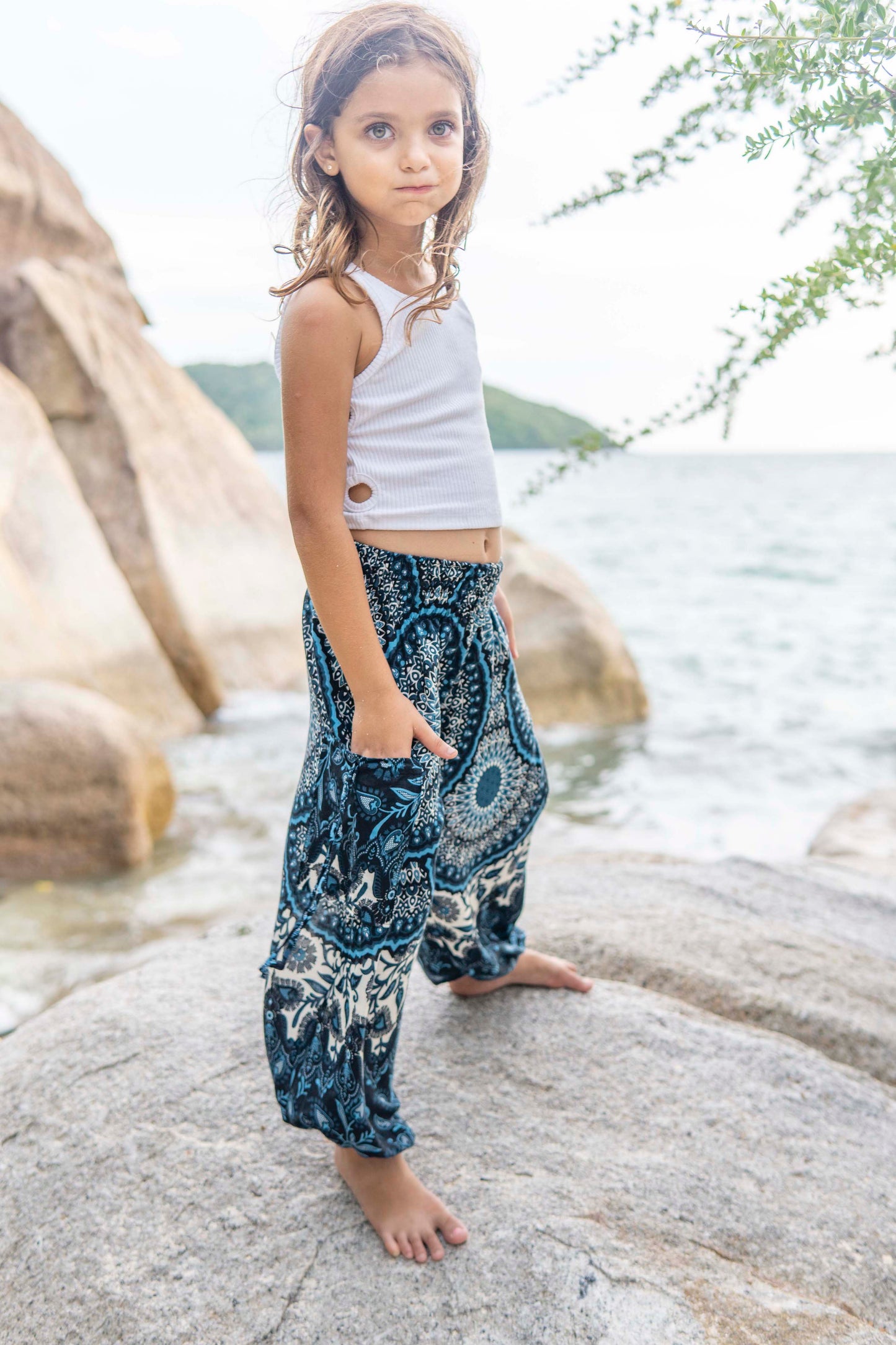 patterned harem pants with mandala pattern in blue and white for children