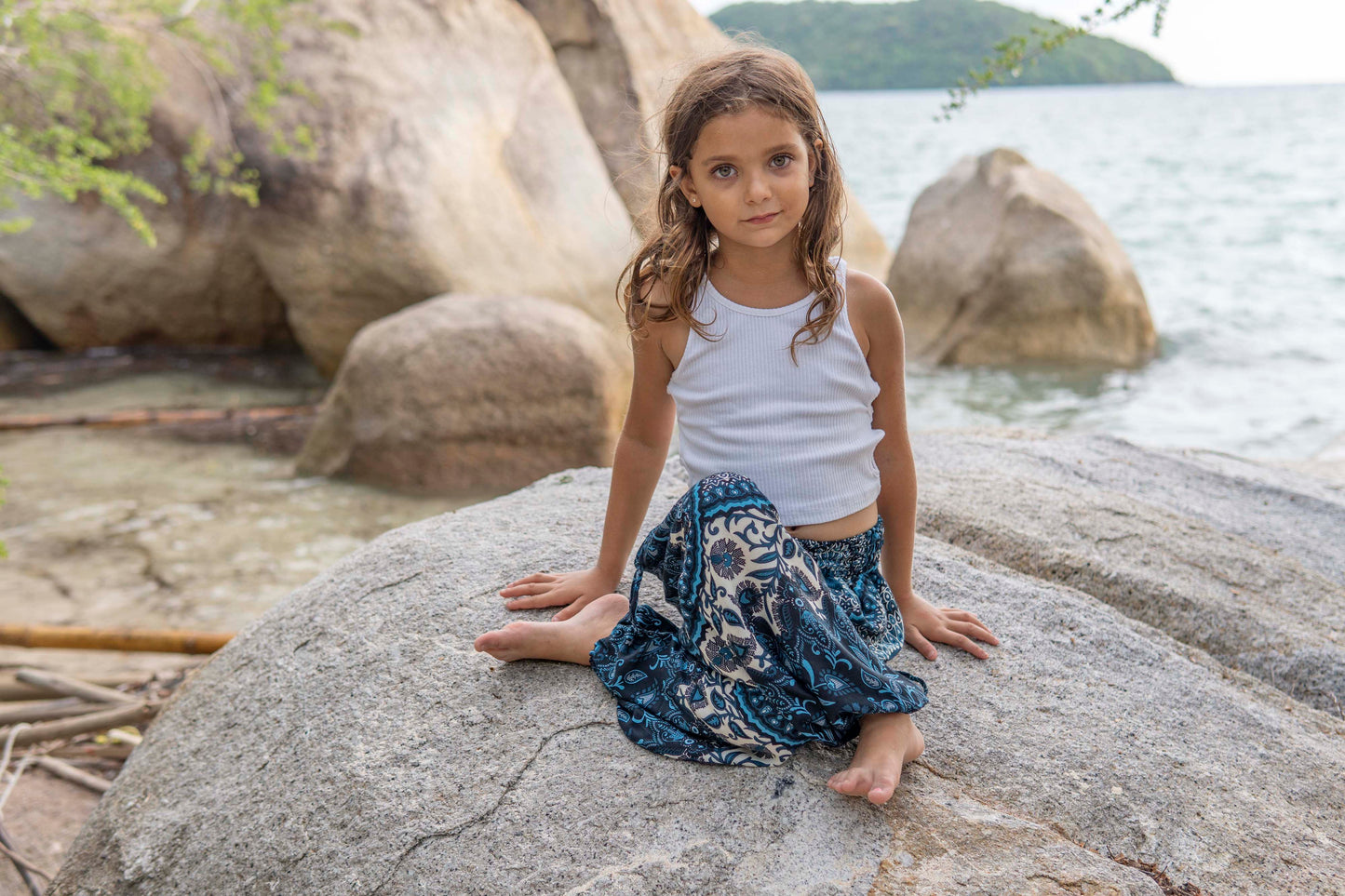 patterned harem pants with mandala pattern in blue and white for children