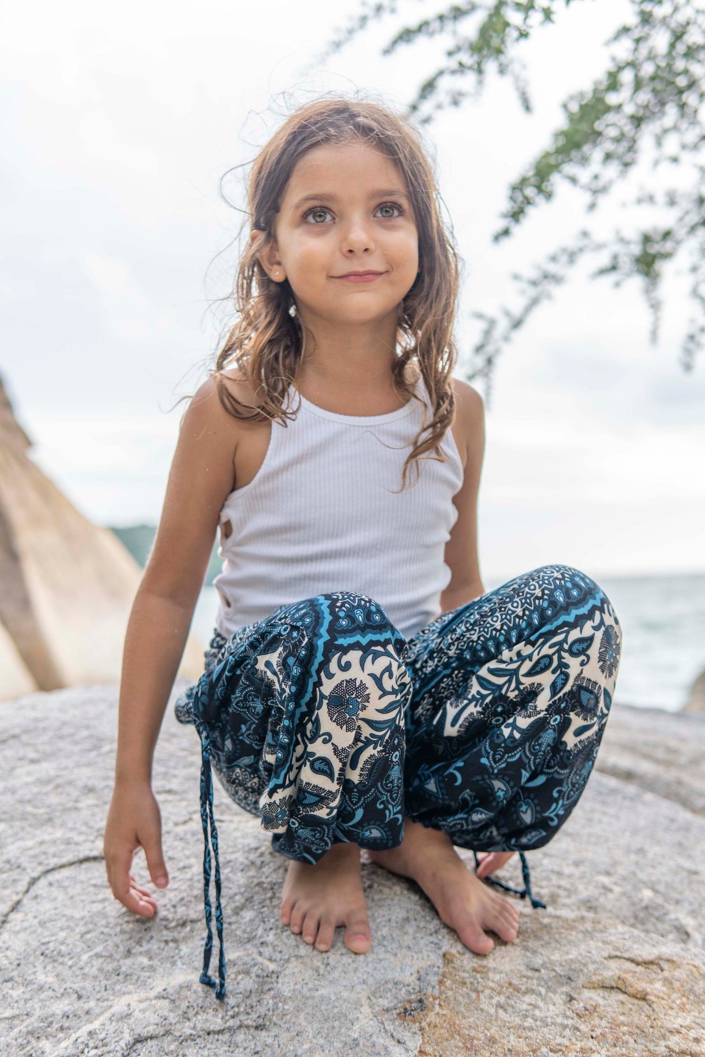 patterned harem pants with mandala pattern in blue and white for children
