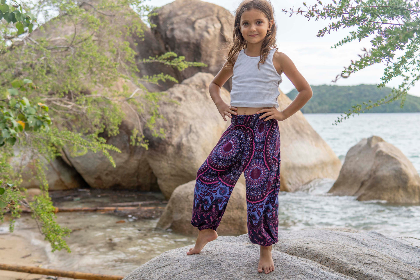 pink purple floral airy harem pants for children