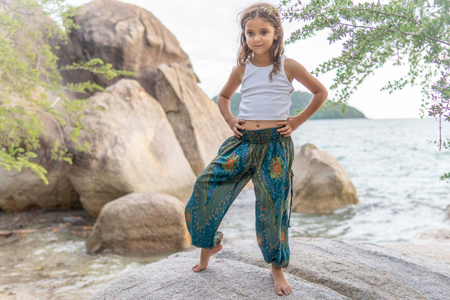 turquoise orange patterned harem pants with peacock pattern for children