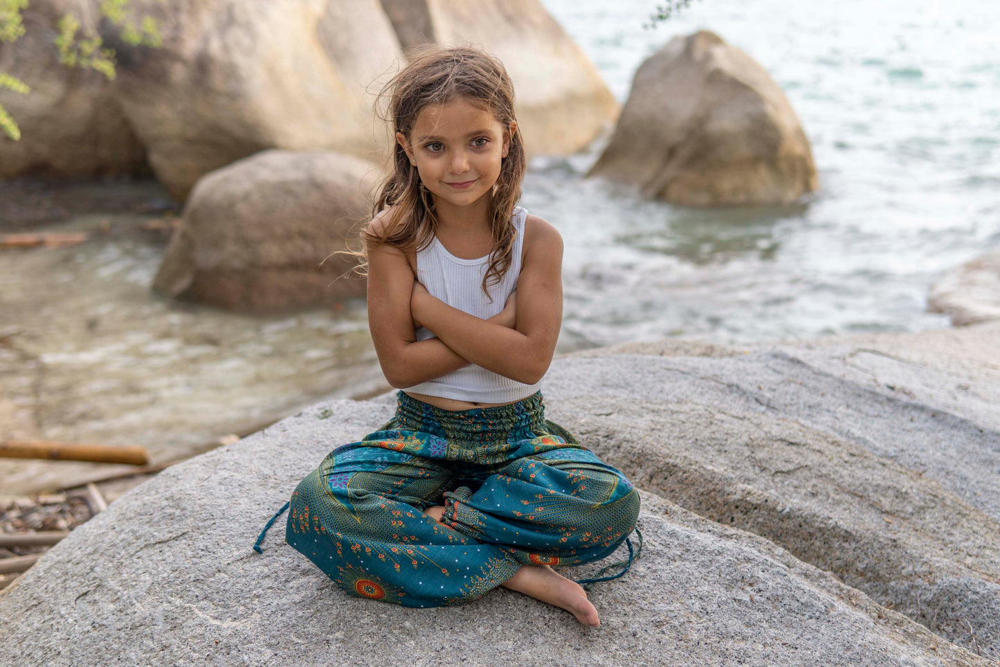 turquoise orange patterned harem pants with peacock pattern for children