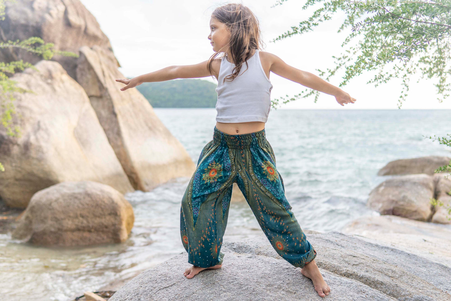 turquoise orange patterned harem pants with peacock pattern for children