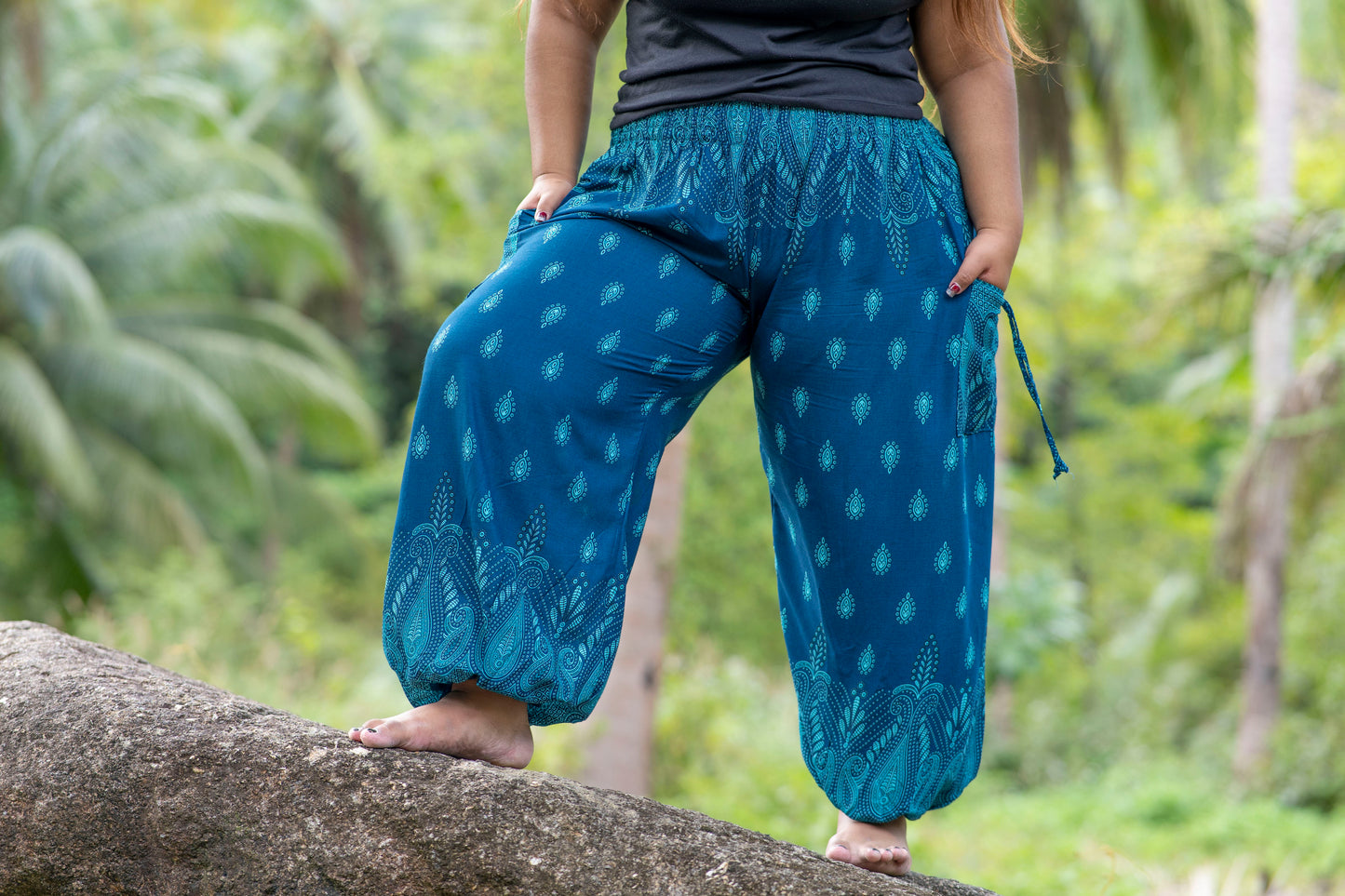 PLUS SIZE airy patterned harem pants in turquoise with pockets
