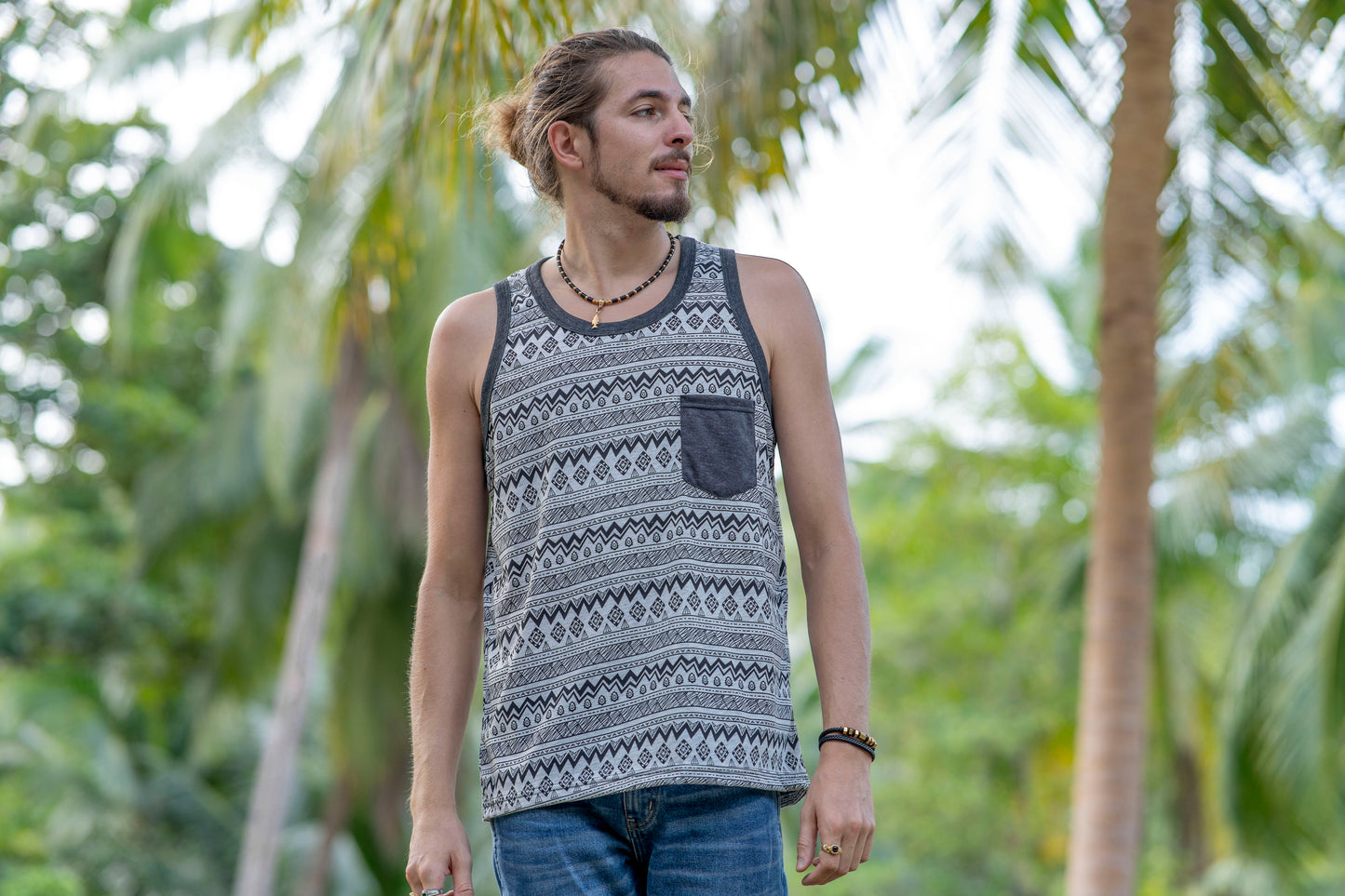 grau gemustertes Tanktop für Männer mit Brusttasche