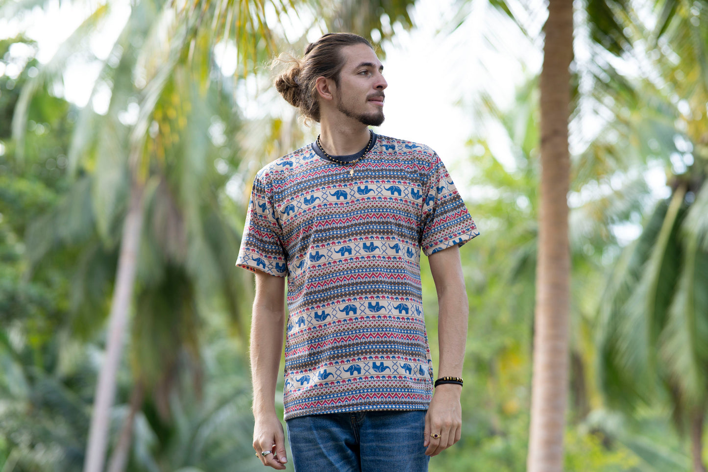patterned t-shirt for men in beige blue red with elephants
