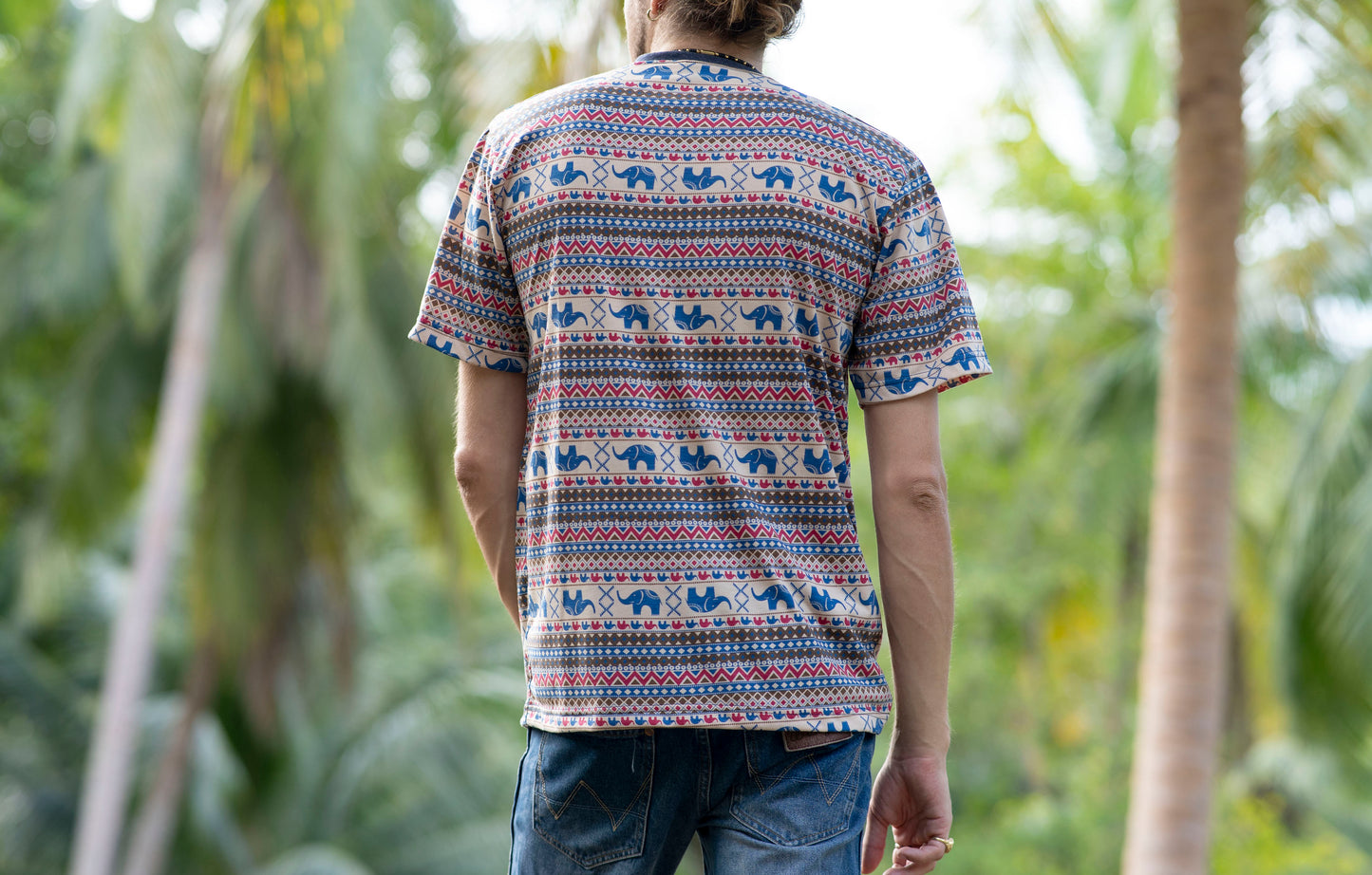 patterned t-shirt for men in beige blue red with elephants