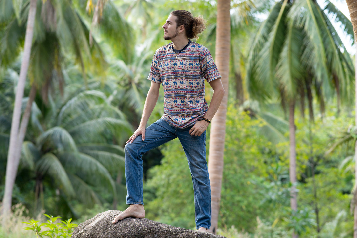 patterned t-shirt for men in beige blue red with elephants