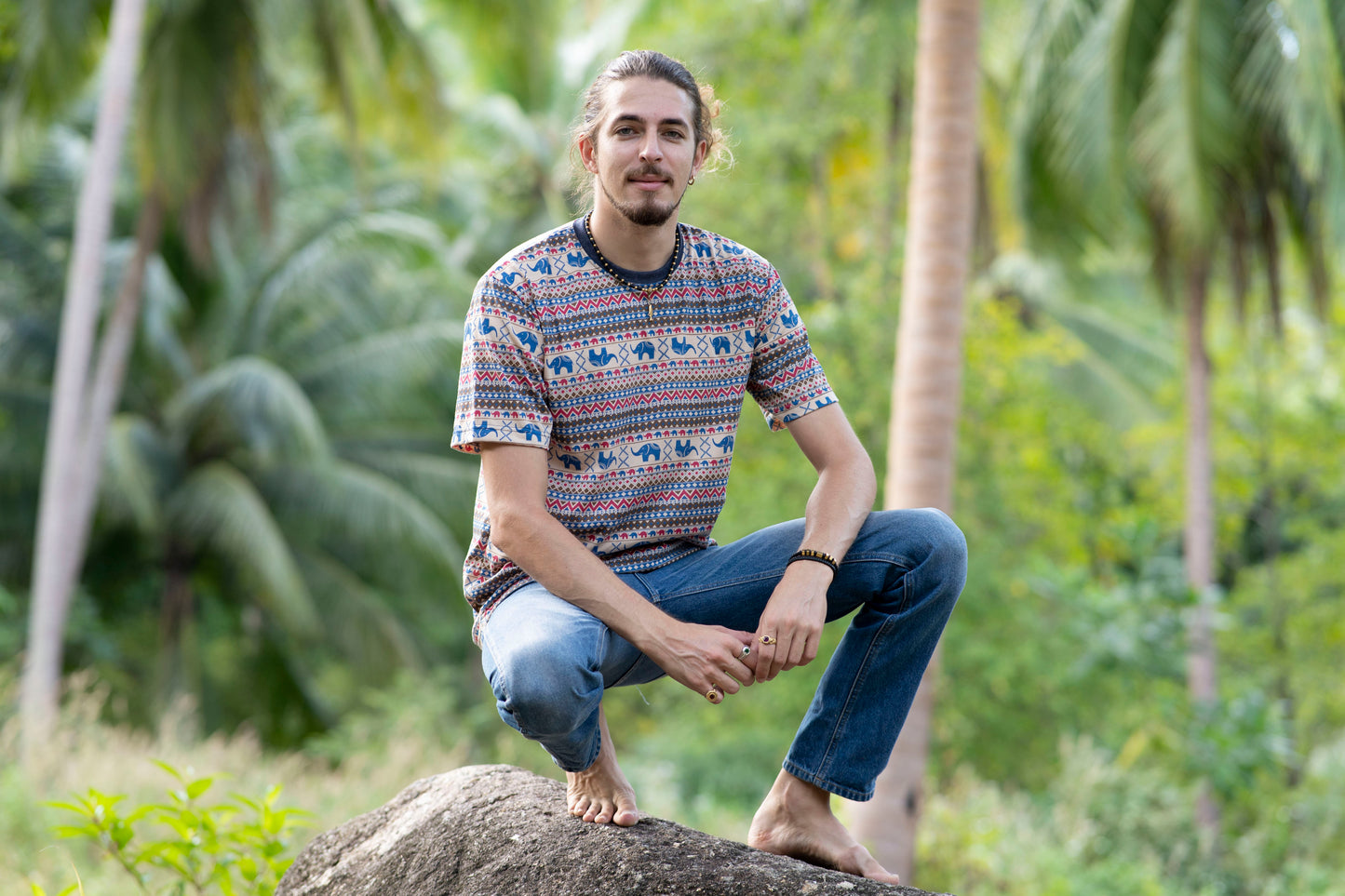 patterned t-shirt for men in beige blue red with elephants