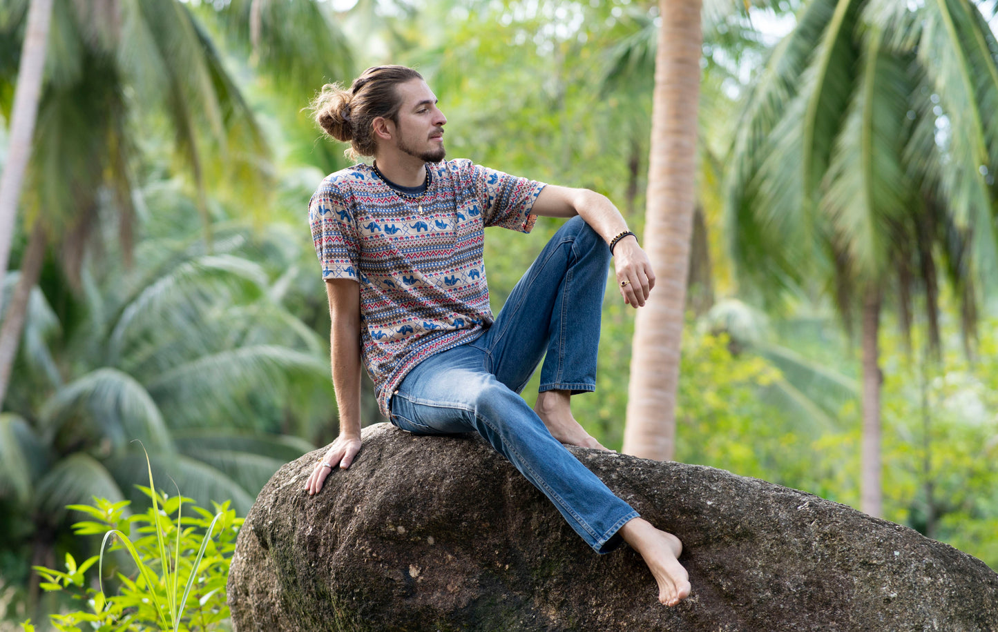 patterned t-shirt for men in beige blue red with elephants