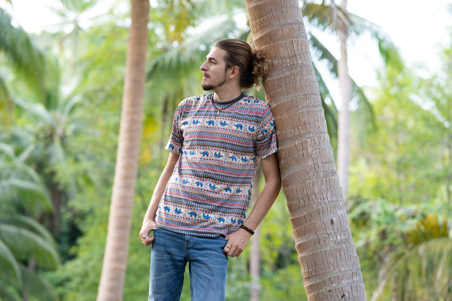 patterned t-shirt for men in beige blue red with elephants