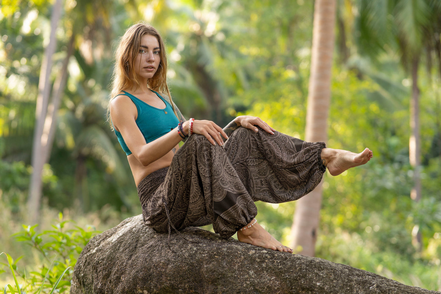 Airy harem pants with a mandala pattern in dark brown with pockets