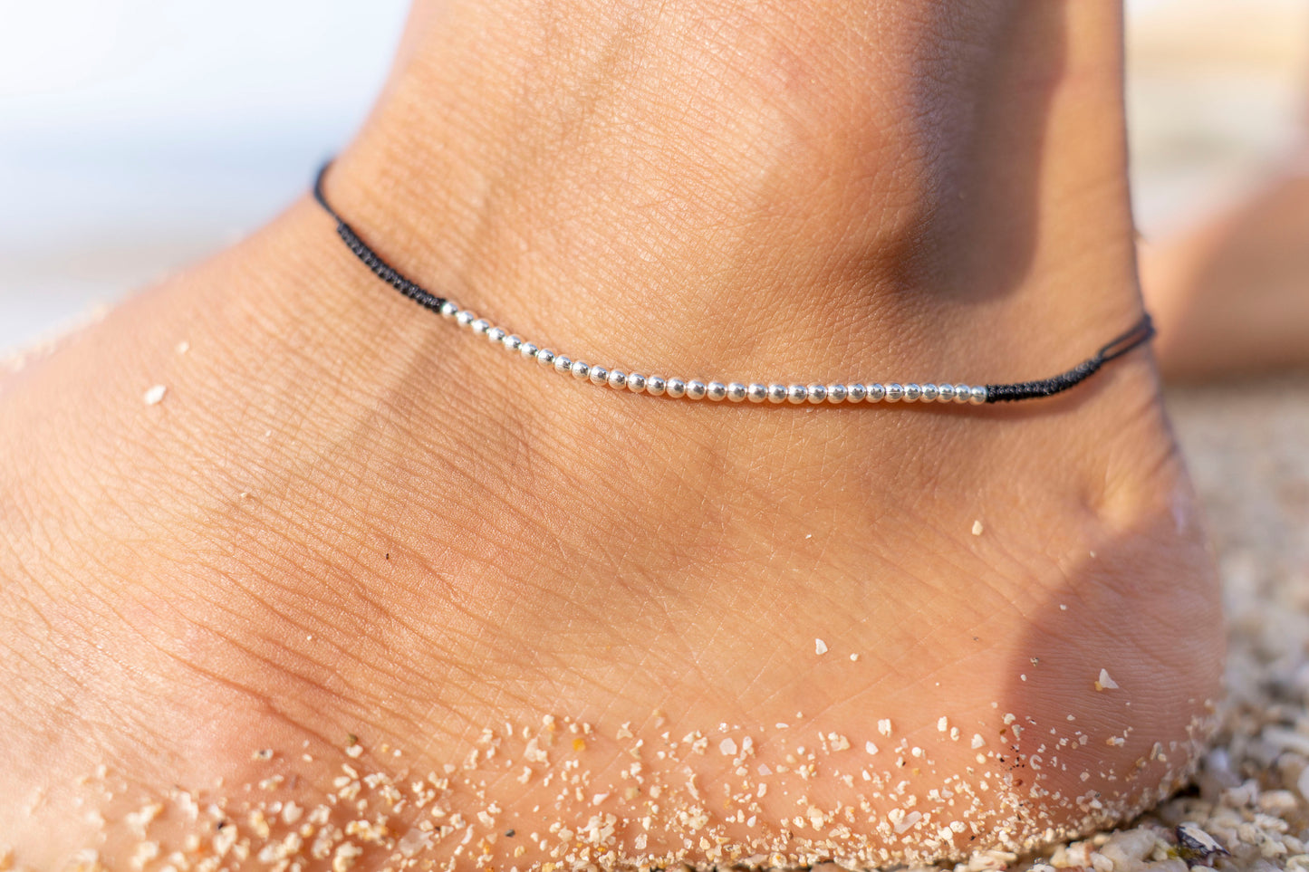 adjustable anklet with silver beads