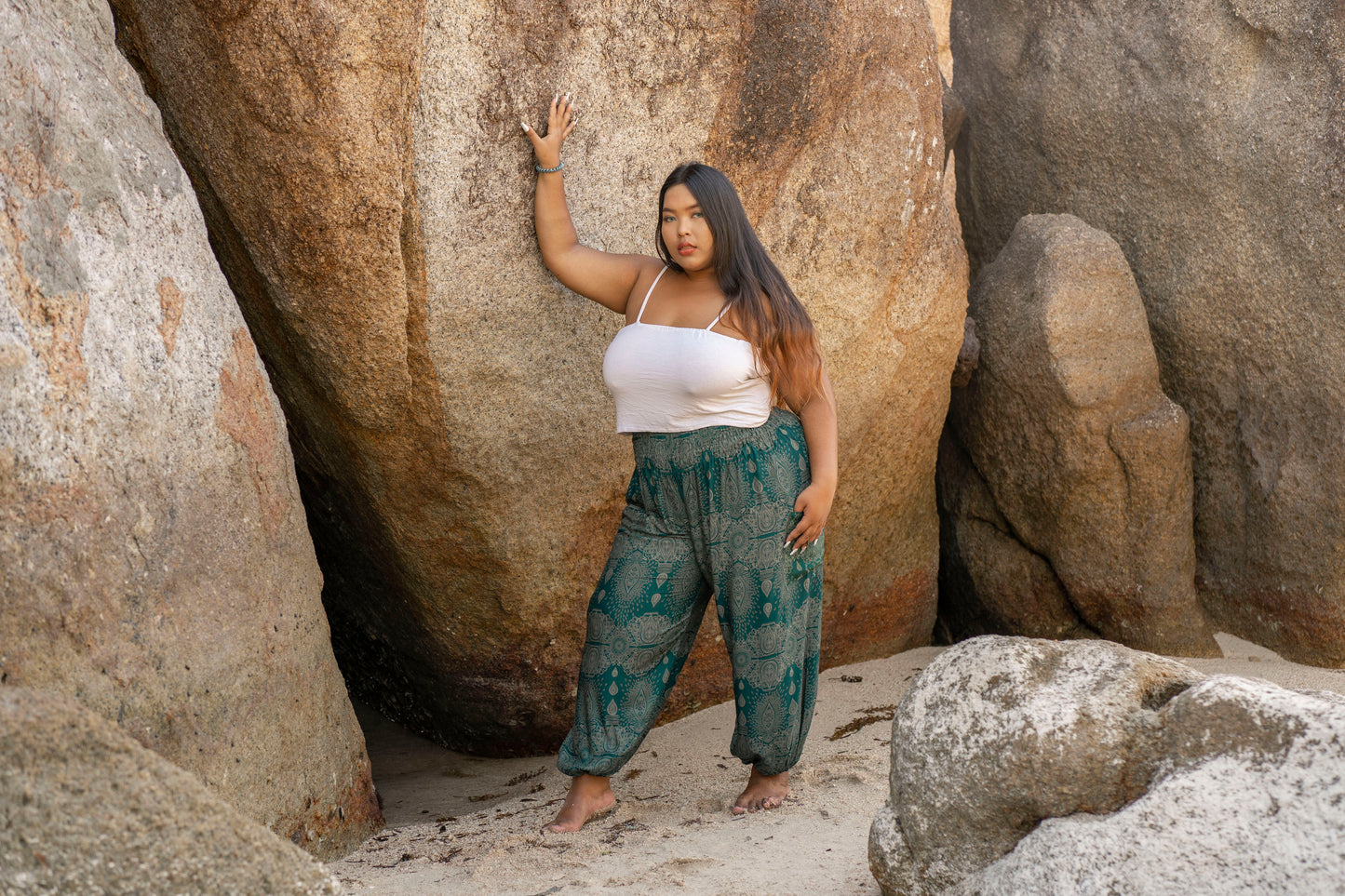 PLUS SIZE harem pants with a delicate pattern in turquoise
