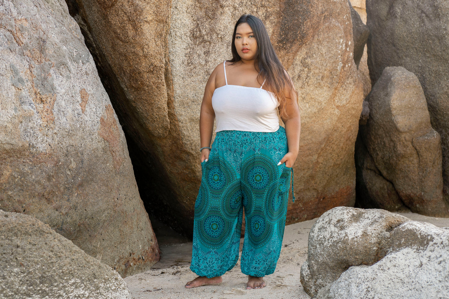 PLUS SIZE airy harem pants with a mandala pattern in blue and turquoise tones