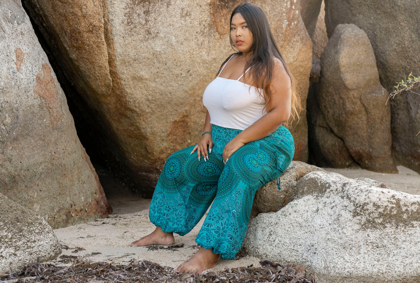 PLUS SIZE airy harem pants with a mandala pattern in blue and turquoise tones
