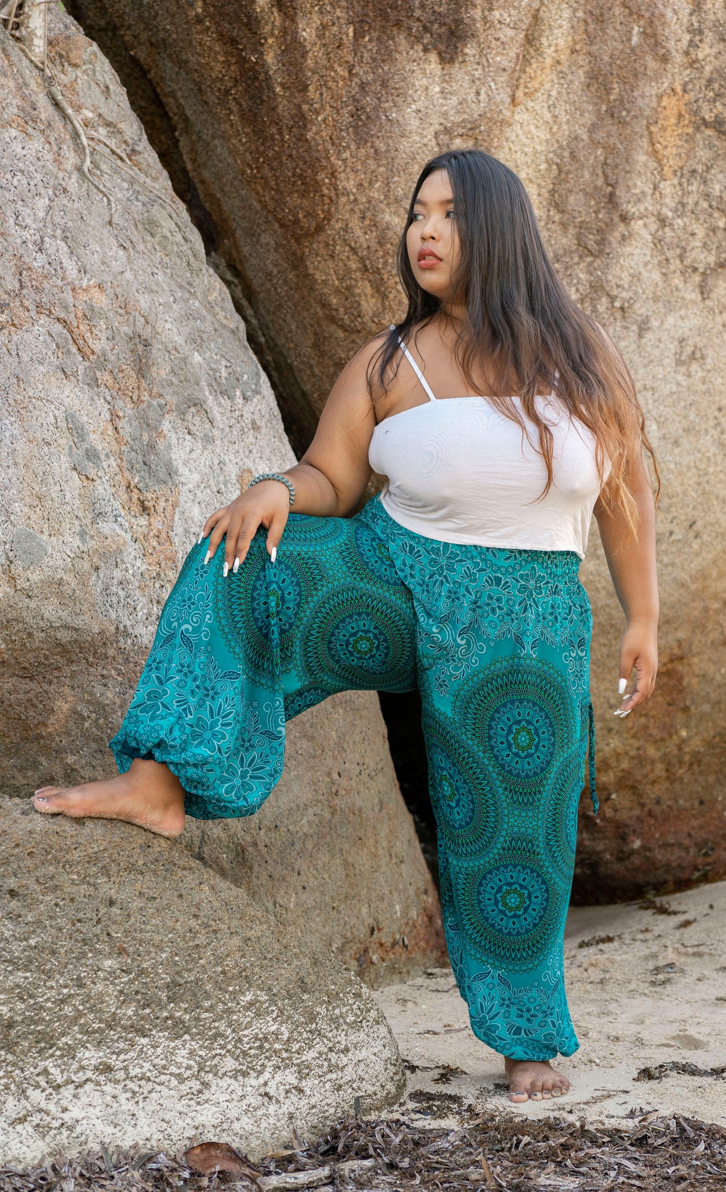 PLUS SIZE airy harem pants with a mandala pattern in blue and turquoise tones