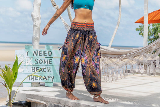 colorfully patterned harem pants with pockets in black