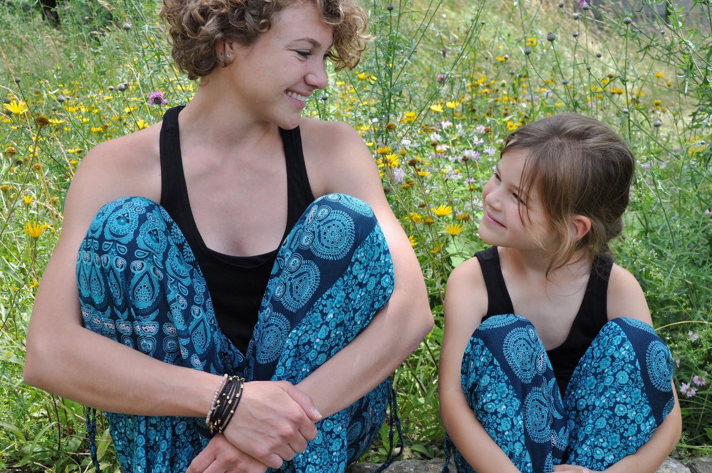 Turquoise patterned airy harem pants for children