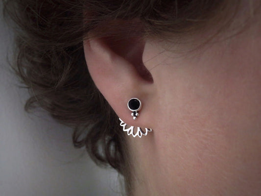 Front back stud earrings with 3 beads silver black spinel