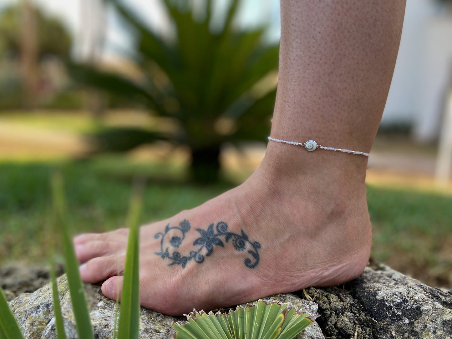 adjustable anklet with moonstone and operculum