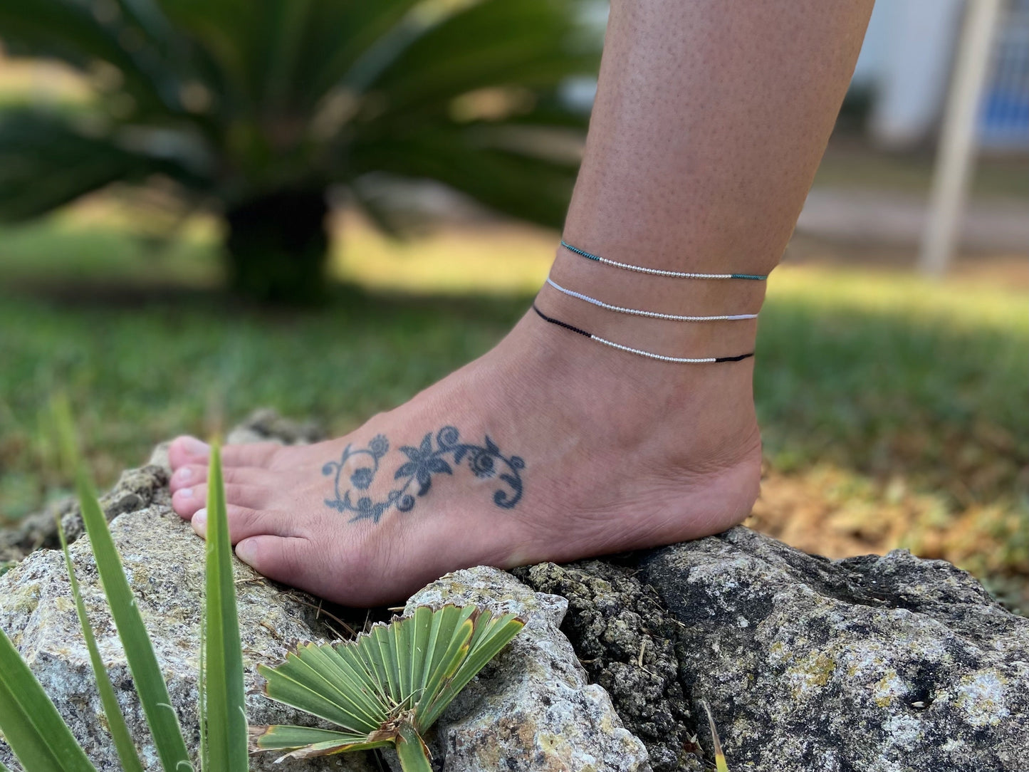 adjustable anklet with silver beads