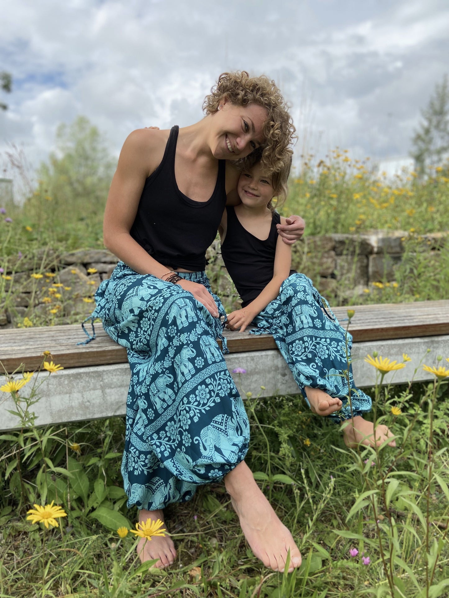 Airy harem pants light blue turquoise with elephants for children