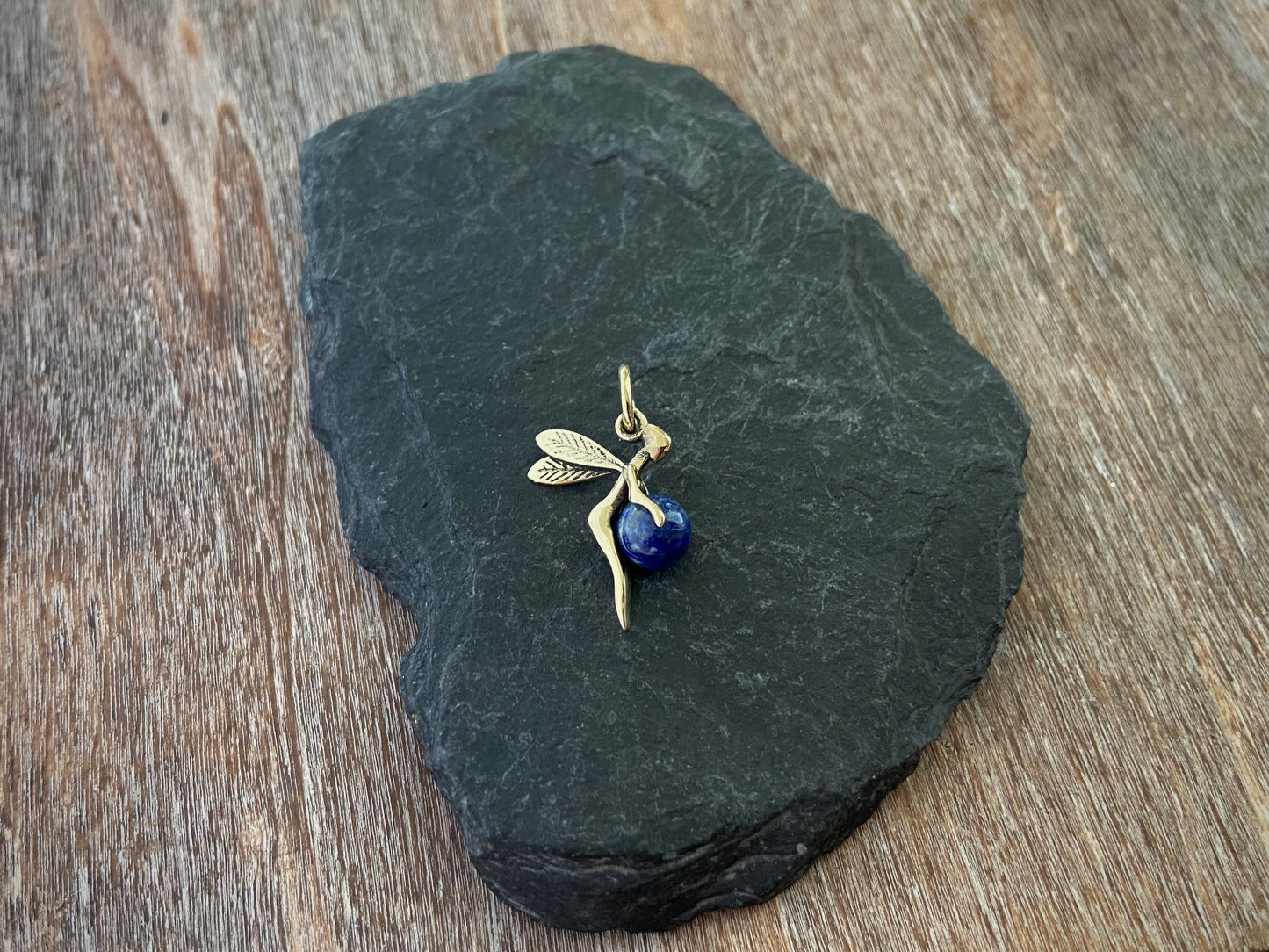 small lucky elf pendant with stone made of brass, fairy, elf