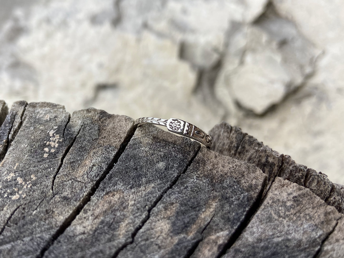 filigree, patterned, asymmetrical silver ring