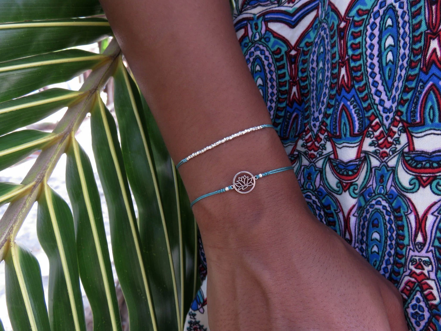 Bracelet set lotus flower made of silver in black or turquoise