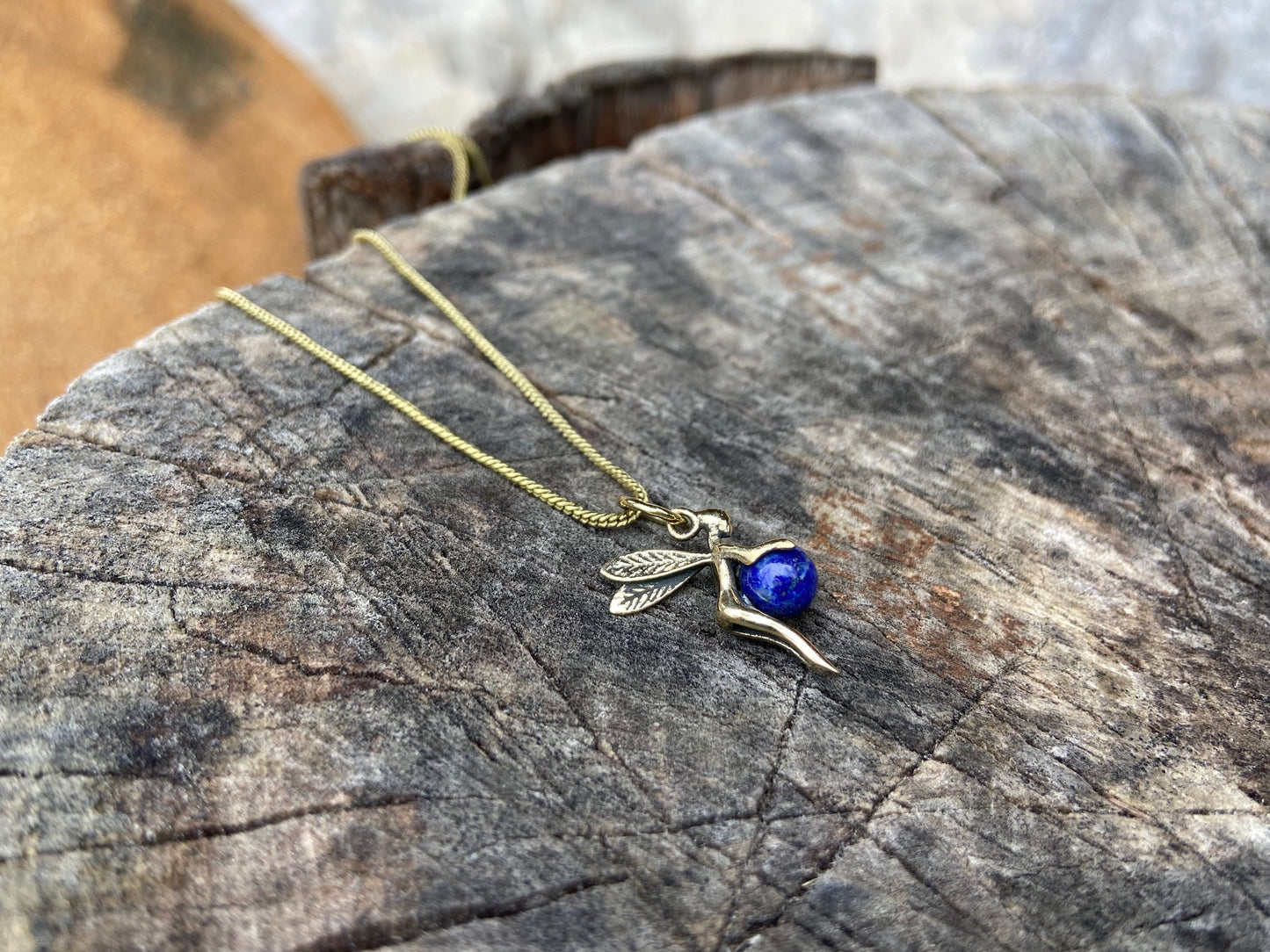 small lucky elf pendant with stone made of brass, fairy, elf