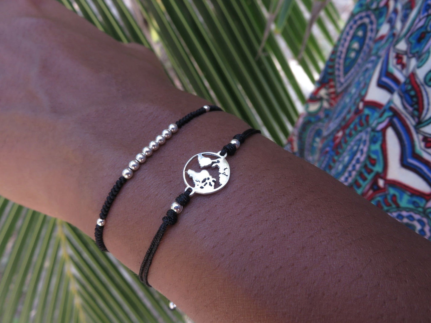 Bracelet set world map made of silver in black or turquoise