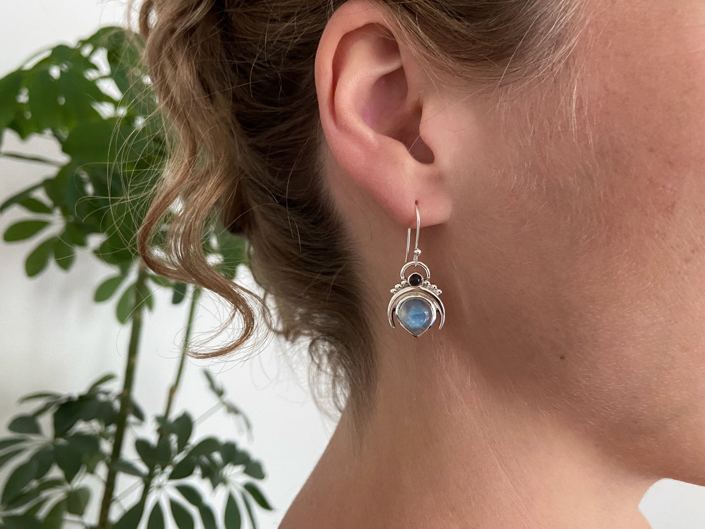 Earrings crescent moon with stones made of silver