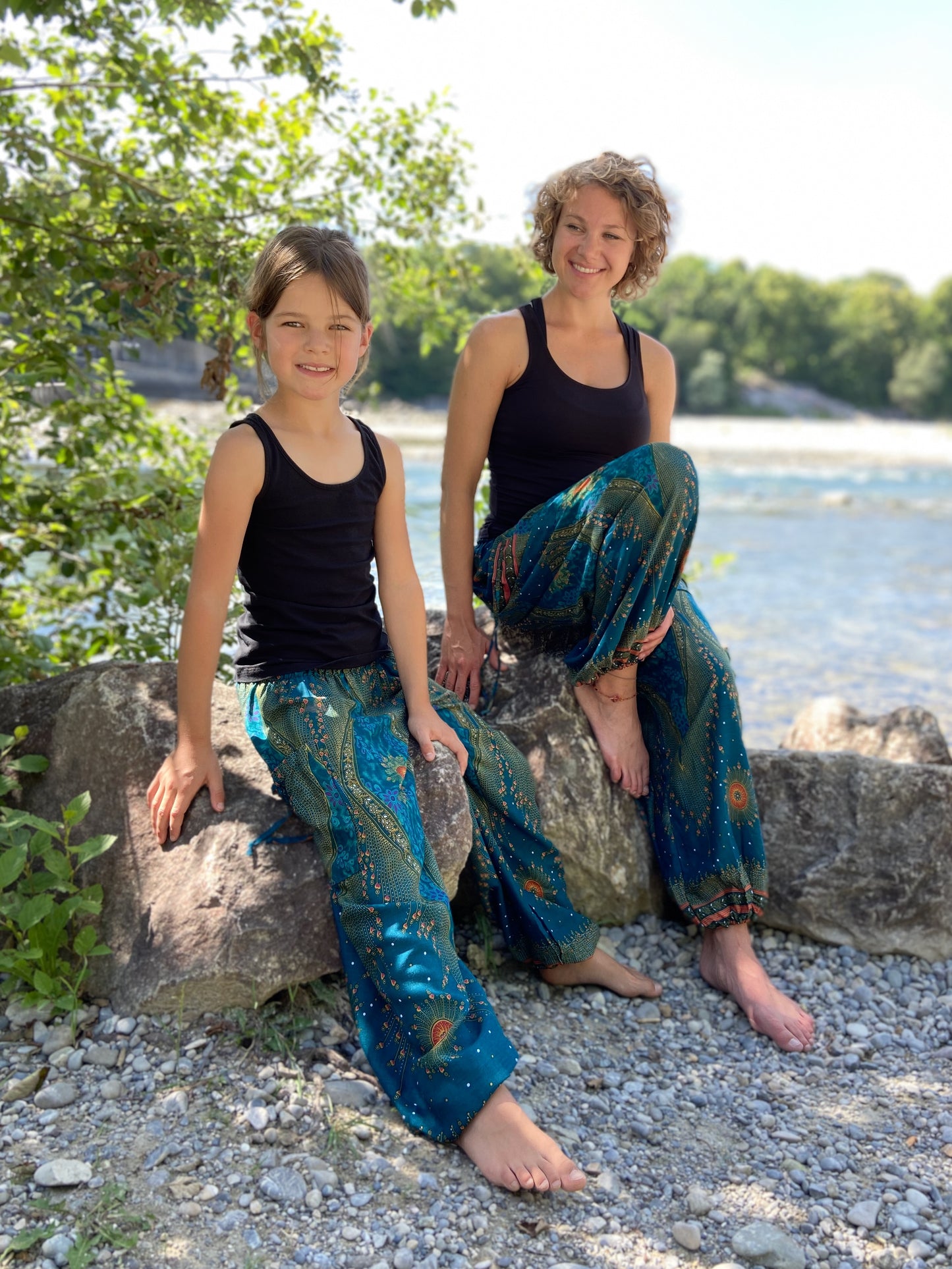 turquoise orange patterned harem pants with peacock pattern for children