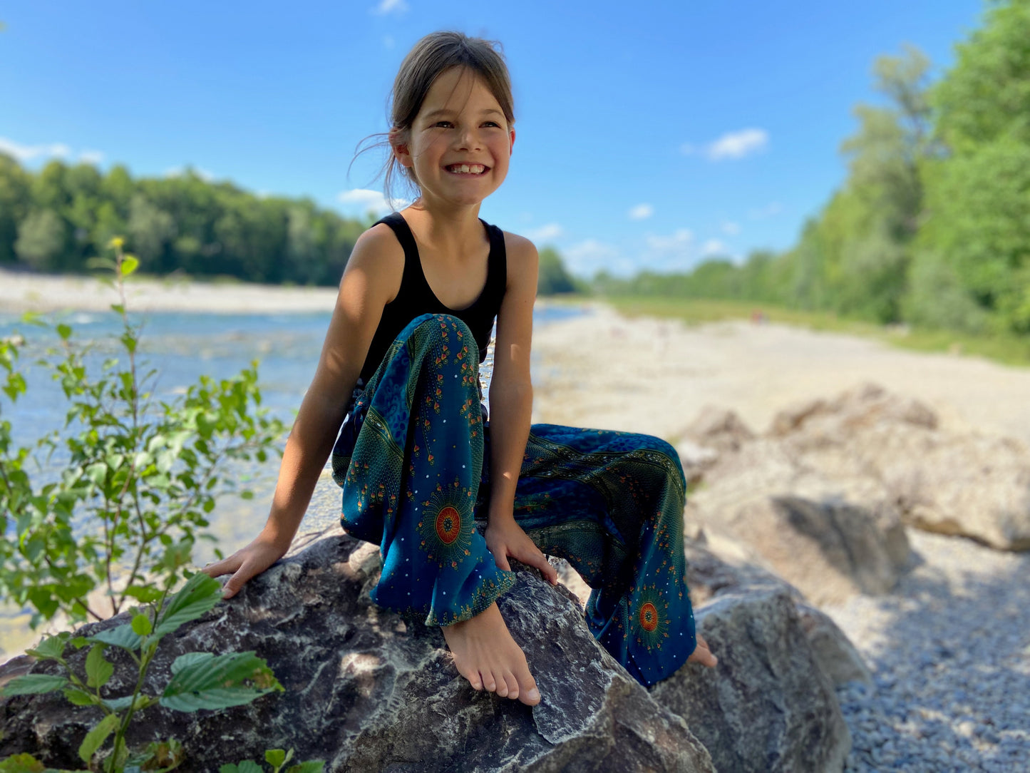 turquoise orange patterned harem pants with peacock pattern for children