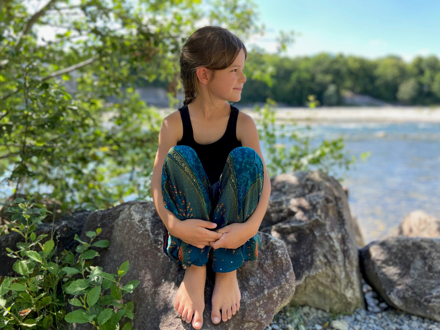 turquoise orange patterned harem pants with peacock pattern for children