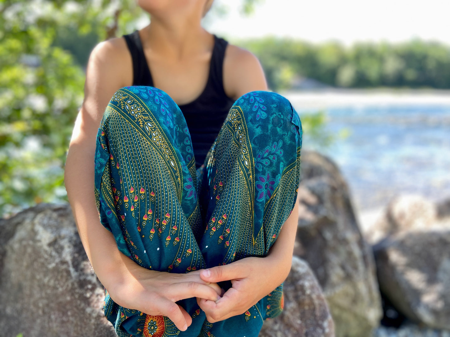 turquoise orange patterned harem pants with peacock pattern for children