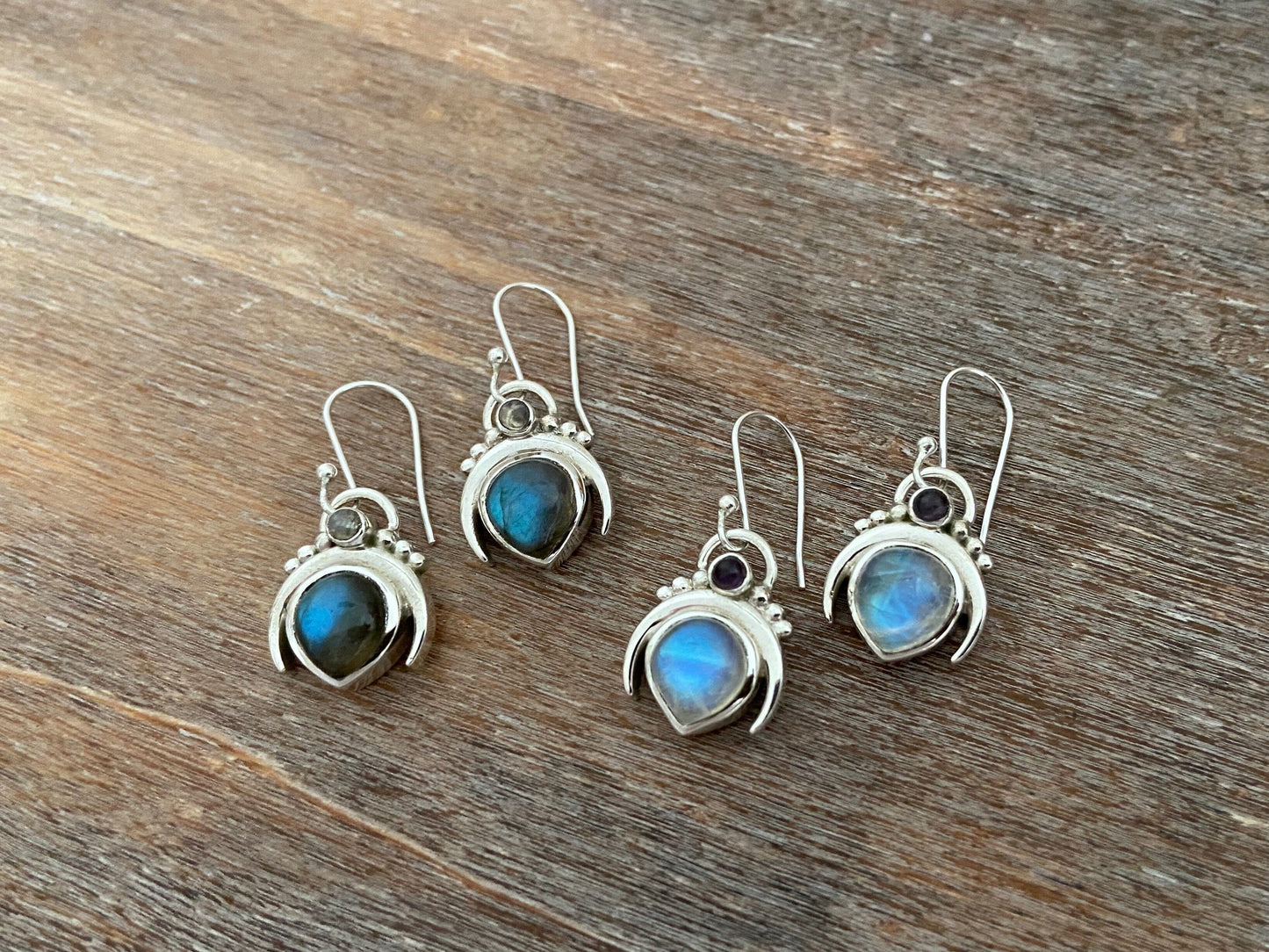Earrings crescent moon with stones made of silver