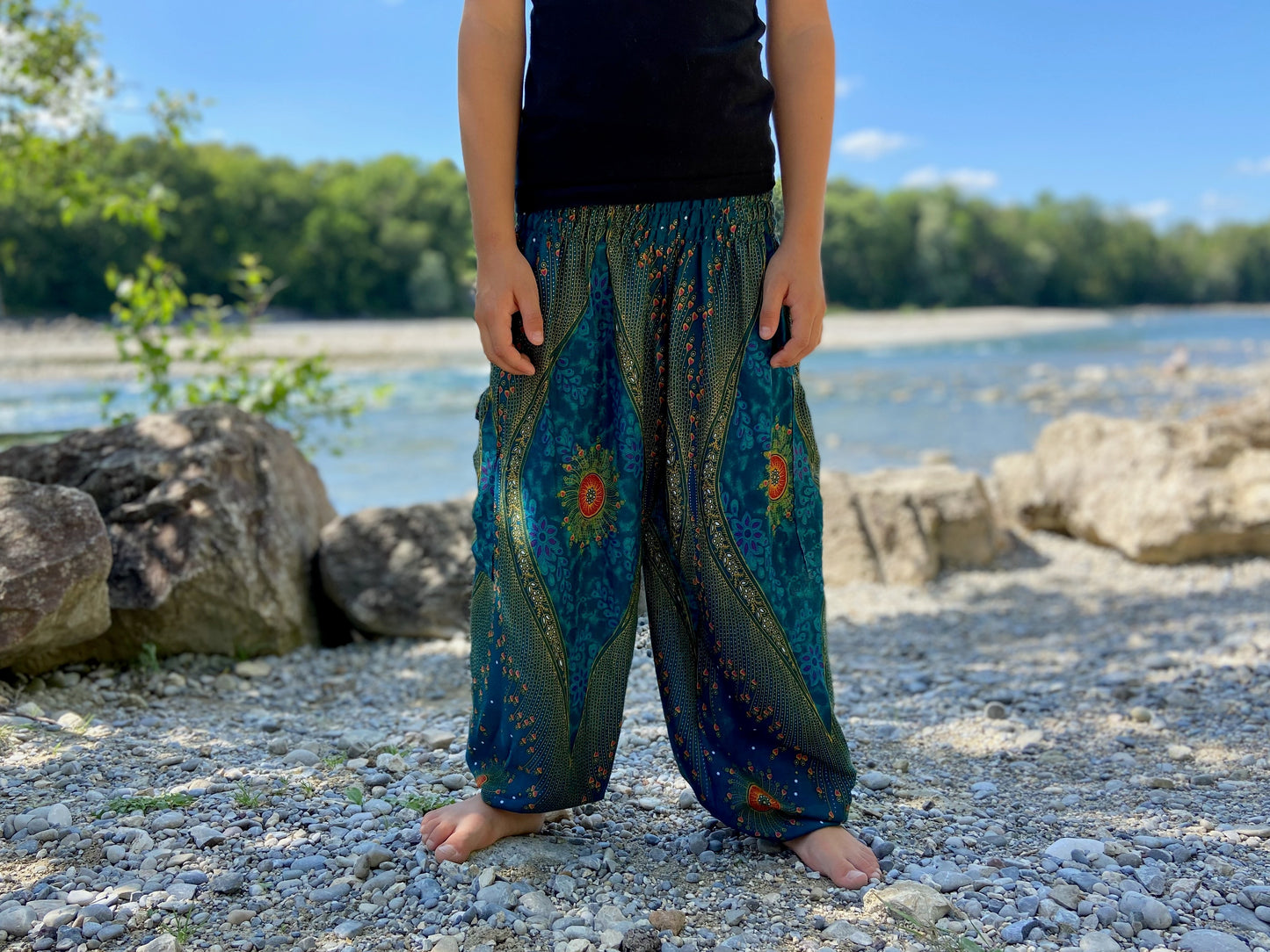 turquoise orange patterned harem pants with peacock pattern for children
