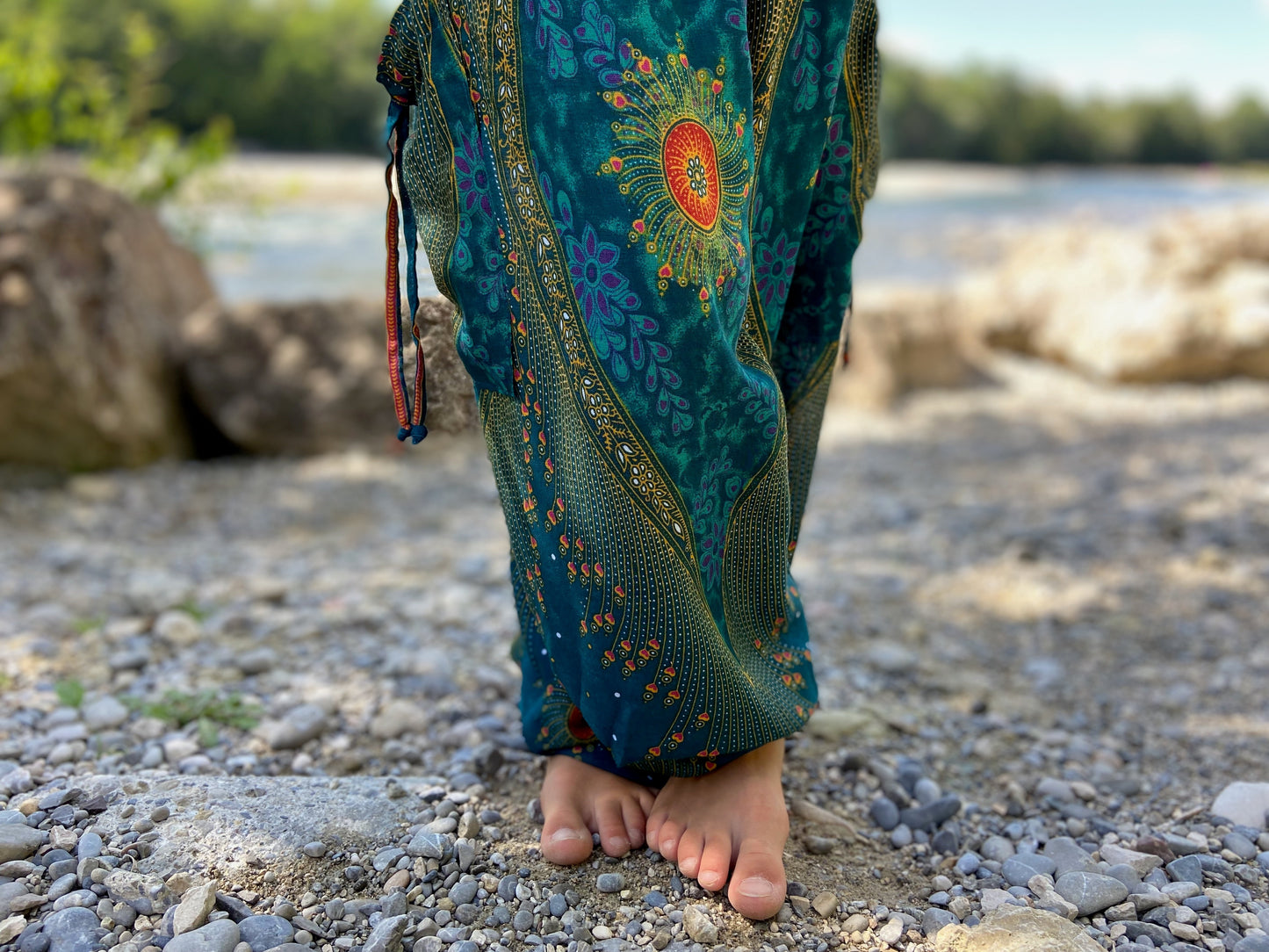 turquoise orange patterned harem pants with peacock pattern for children
