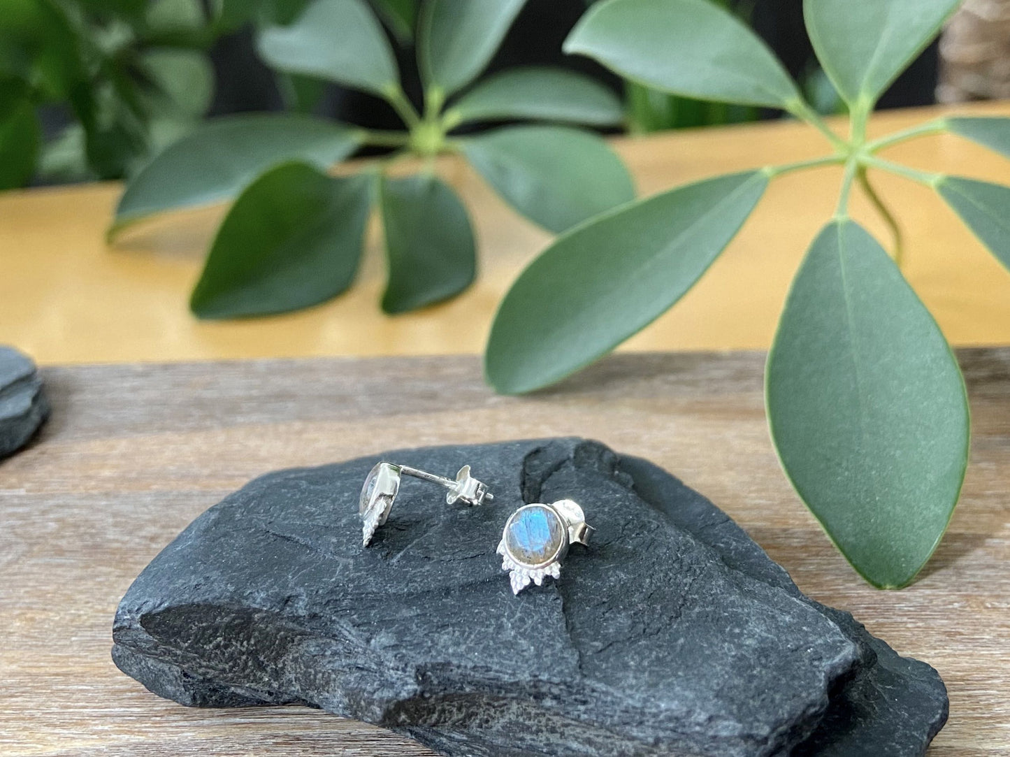 Ohrstecker mit facettierten Steinchen und kleinen Pünktchen aus Silber