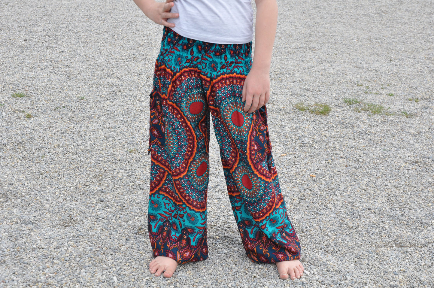 red orange turquoise patterned harem pants for children